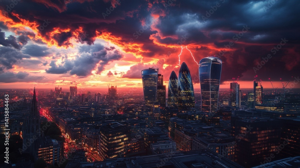 Fototapeta premium Dramatic Cityscape at Sunset: Storm Clouds Above Skyscrapers with Lightning Strikes