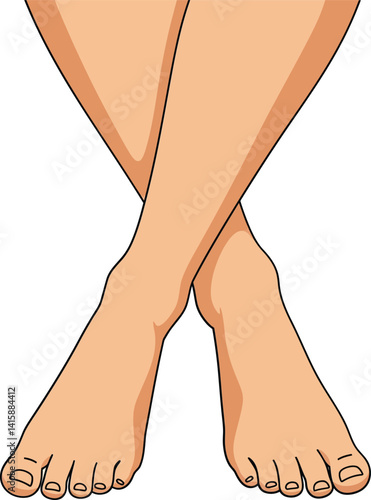 Human crossed bare feet with detailed toes and skin tone in minimal flat style vector illustration