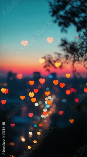 Colorful Hearts Glowing Against a Twilight City Skyline at Sunset