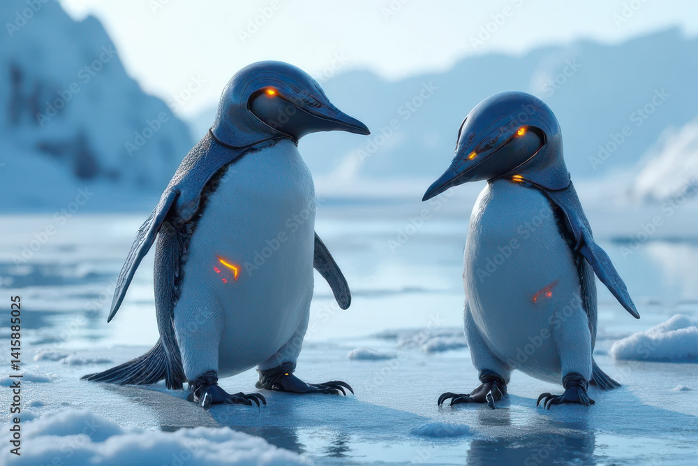 Fototapeta premium Futuristic Arctic Patrol Scene: Robot Penguin, Glowing Core, High-Tech Metal Design, Icy Sci-Fi Terrain, Intense Close-Up Concept