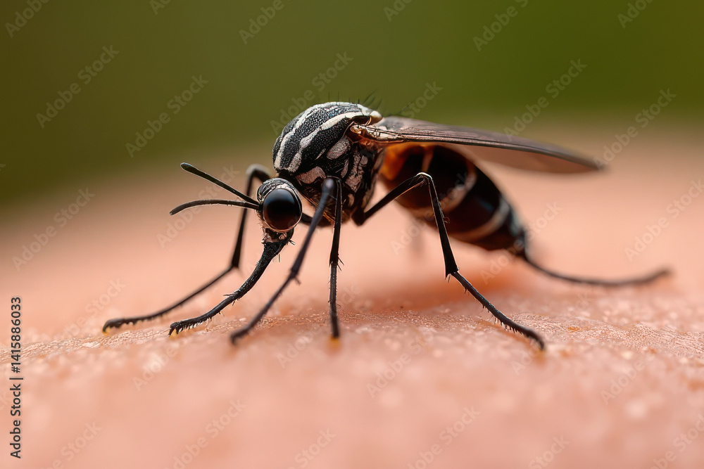 Naklejka premium Realistic Mosquito Close-Up on Human Skin: Textured Body, Fine Hairs, Pores in Focus - Abstract Macro Shot