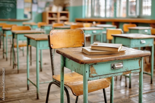 Classroom Setting With Old Desks and Books in a Vintage School Environment Du...