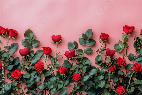 Red Roses and Heart Decorations Create a Romantic Display Against a Soft Pink...