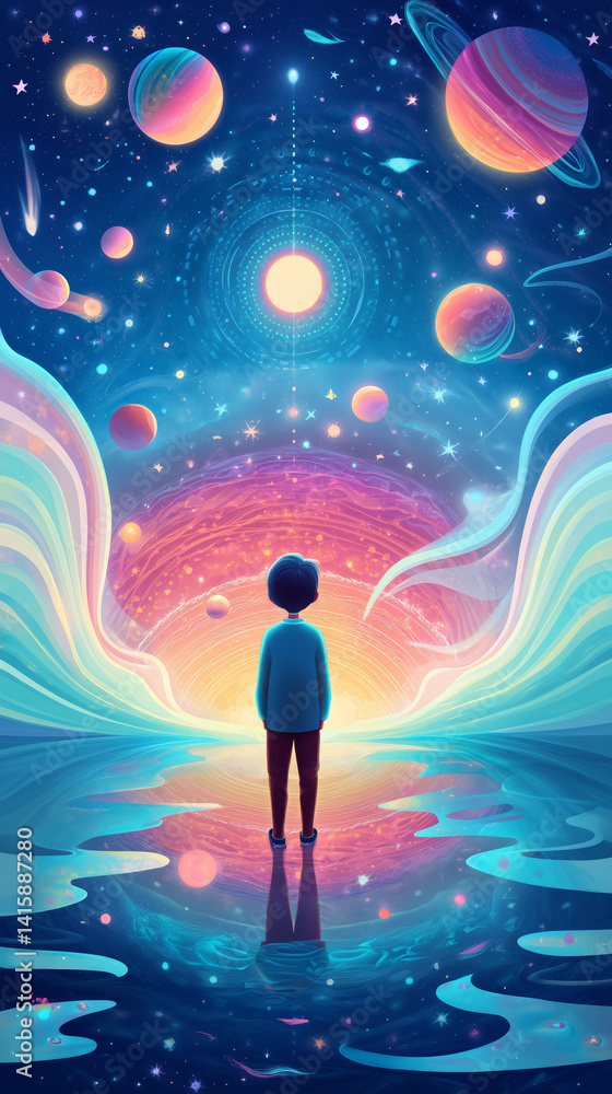 Young boy standing before a vibrant, swirling universe filled with colorful planets and stars, reflecting celestial wonders in the tranquil water below Young boy standing before a vibrant, swirling universe filled with colorful planets and stars, reflecting celestial wonders in the tranquil water below