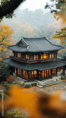 Traditional Asian Wooden House Surrounded by Autumn Foliage, Captured in the ...