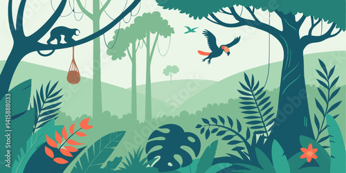 Vector Amazonian seamless tropical rainforest Jungle forest background with animals