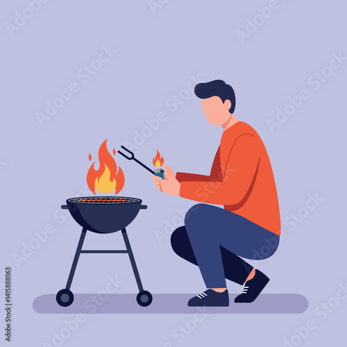 Man in orange sweater grilling food on charcoal barbecue with flames in flat minimalist style vector illustration