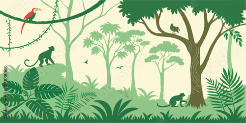 Vector Amazonian seamless tropical rainforest Jungle forest background with animals