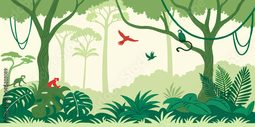 Vector Amazonian seamless tropical rainforest Jungle forest background with animals