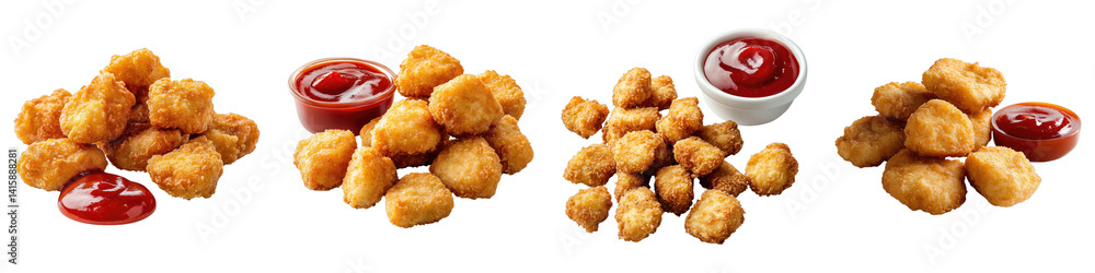 Crispy fried chicken nuggets with ketchup Isolated on transparent background. PNG , Set of