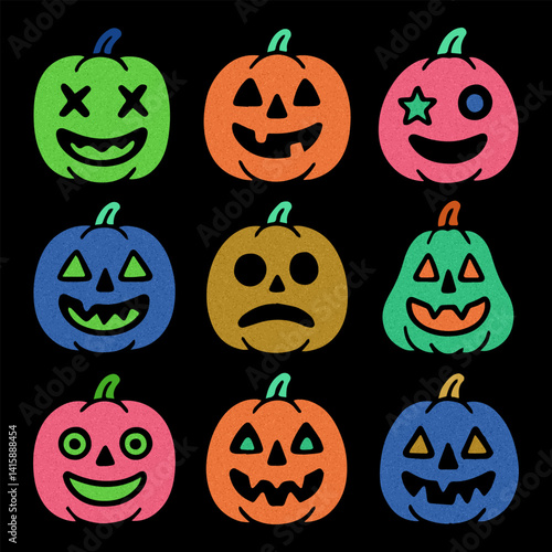 Set of 9 neon Halloween pumpkins in retro naive style. Crayon texture, playful faces, bold colors. Perfect for spooky decor, kids’ prints, stickers, and seasonal designs.