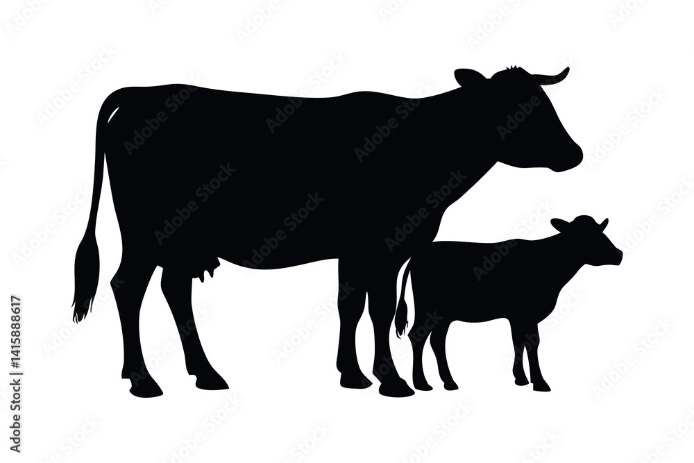 Fototapeta premium Cow With Calf Black Silhouette On White Background Vector Illustration Farm Animal Livestock Bovine Domestic Animal Mammal Simple Graphic Design