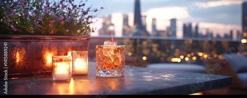A cozy rooftop setting featuring cocktails and candles, with a city skyline in the background, creating a warm and inviting ambiance.