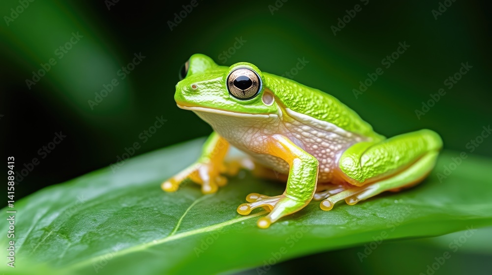Fototapeta premium Vibrant green tree frog perched on a leaf (1)