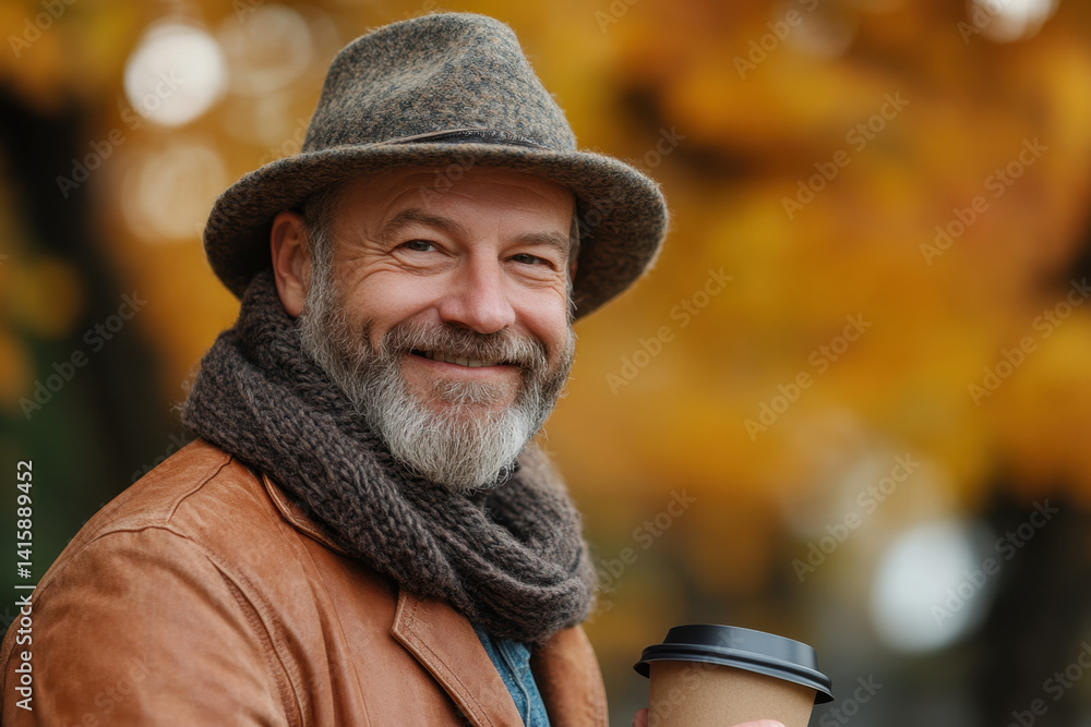 Man in beard and hat with cup. Man in beard and hat with cup.