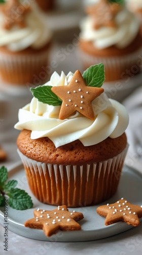 Holiday Cupcake With Frosting and Gingerbread Cookie Decoration on a Festive ...