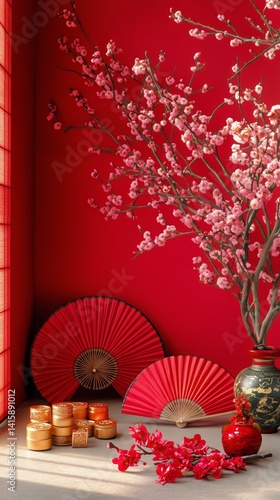 Decorated Table With Red Flowers and Traditional Items During Spring Festival...