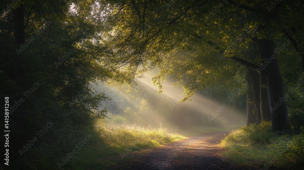 Obraz premium Sunlight Breaks Through Trees on a Peaceful Forest Path