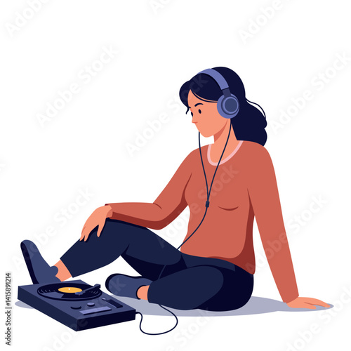 Young woman sitting on floor with headphones listening to music and playing vinyl record flat style vector illustration