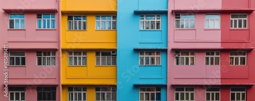 A vibrant  multicolored building facade showcasing yellow  pink  and blue sections with numerous windows  creating an eye-catching urban aesthetic.