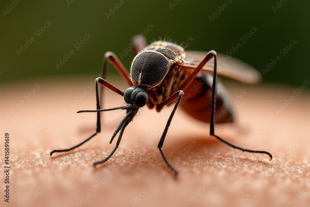 Fototapeta premium Ultra Macro View of Realistic Mosquito on Human Skin: Detailed Wings and Body Texture in Natural Lighting