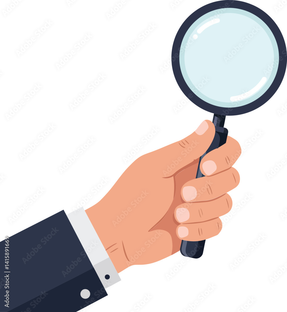 Human hand holding magnifying glass with blue lens detailed flat design vector illustration Human hand holding magnifying glass with blue lens detailed flat design vector illustration