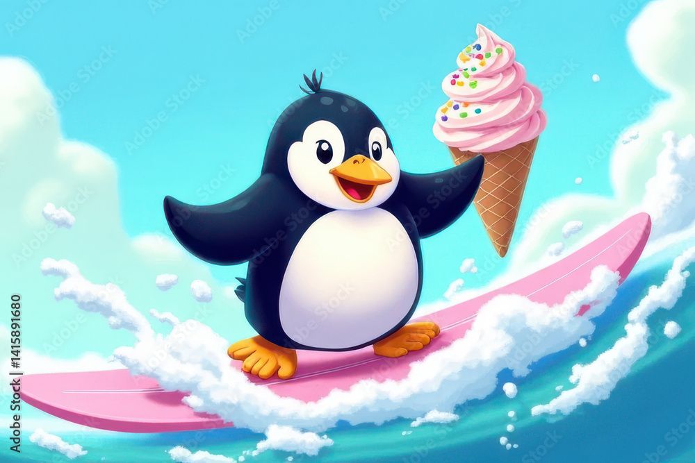 Naklejka premium Colorful Penguin Surfing Ice Cream Wave: Cheerful Kids Book Illustration of Dreamy Candy Surf Scene