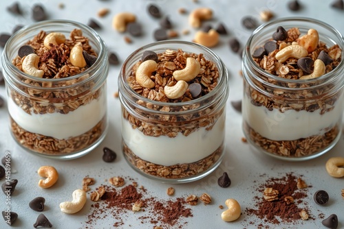 Homemade Granola Parfaits With Yogurt, Nuts, and Chocolate Chips Arranged on ...