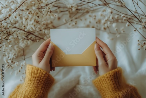 Delicate Hands Holding a Sealed Envelope With Dried Flowers on a Cozy Fabric Background