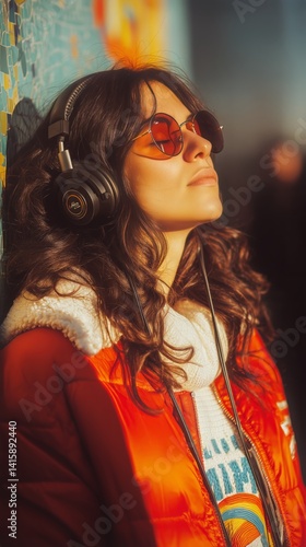 Young Woman Enjoying Music in Stylish Headphones While Relaxing Outdoors in U...