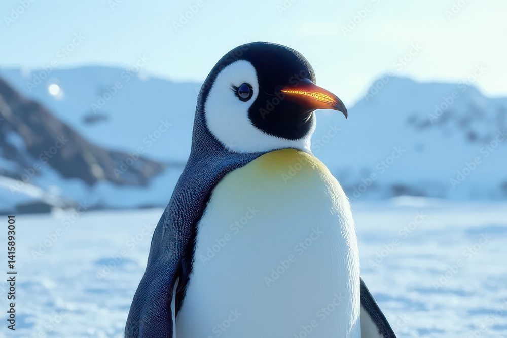 Obraz premium Robotic Penguin Sentinel: Futuristic Arctic Outpost in Sci-Fi Setting, Cinematic Close-Up Masterpiece