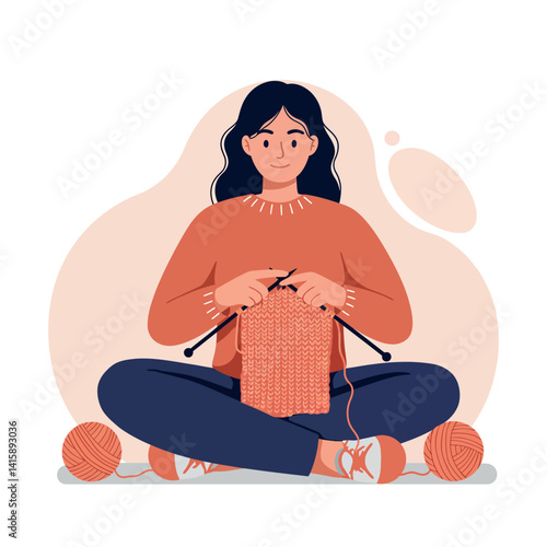 Young woman knitting with orange yarn sitting cross-legged in casual clothing flat style vector illustration