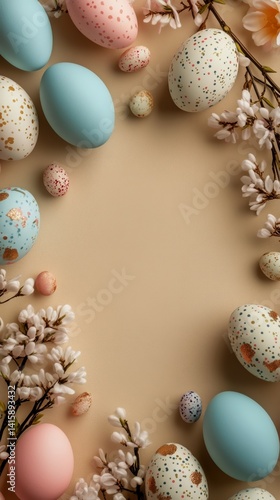 Decorative Spring Arrangement With Colorful Eggs and Flowers on a Light Backg...
