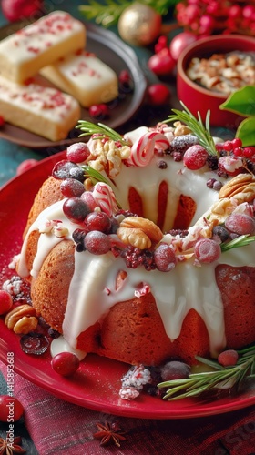 Festive Wreath Dessert Adorned With Cranberries and Holiday Decorations on Re...