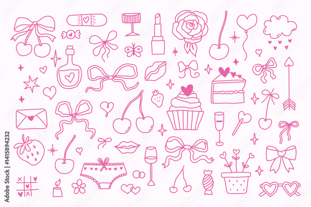 Pink Valentines Day doodle set on white background. Hand drawn hearts, bows, sweets, lollipops, cherries, and love notes. Cute girly line art for cards, stickers, invites, and decor. Whimsical art Pink Valentines Day doodle set on white background. Hand drawn hearts, bows, sweets, lollipops, cherries, and love notes. Cute girly line art for cards, stickers, invites, and decor. Whimsical art