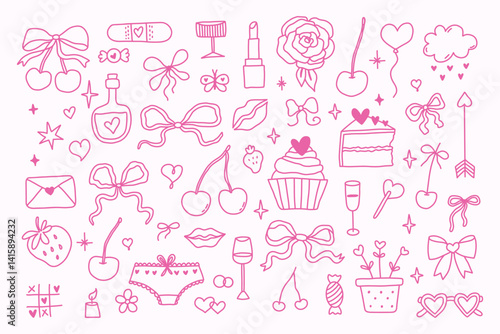 Pink Valentines Day doodle set on white background. Hand drawn hearts, bows, sweets, lollipops, cherries, and love notes. Cute girly line art for cards, stickers, invites, and decor. Whimsical art