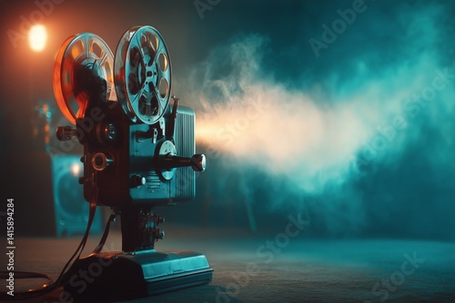 Classic Film Projector Casts Enchanting Glow in Dimly Lit Room During a Nosta...