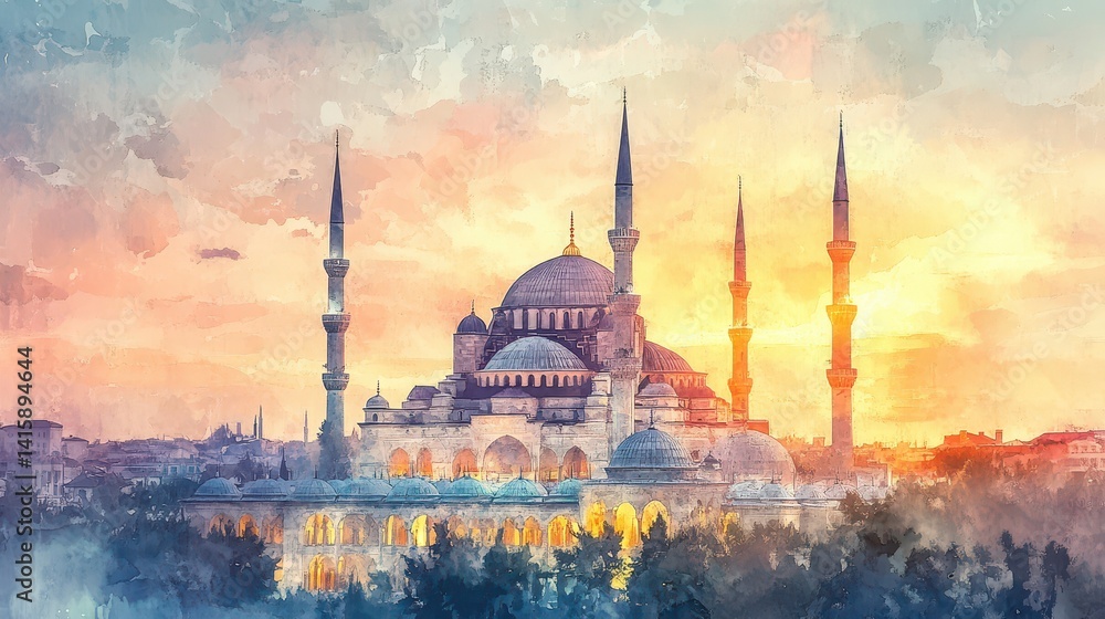 Obraz premium A watercolor painting of a mosque at sunset, with soft brush strokes capturing the calming beauty of the light and architecture