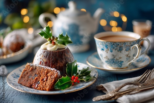 Christmas Pudding With Holly, a Slice of Rich Cake, and a Warm Drink in a Coz...