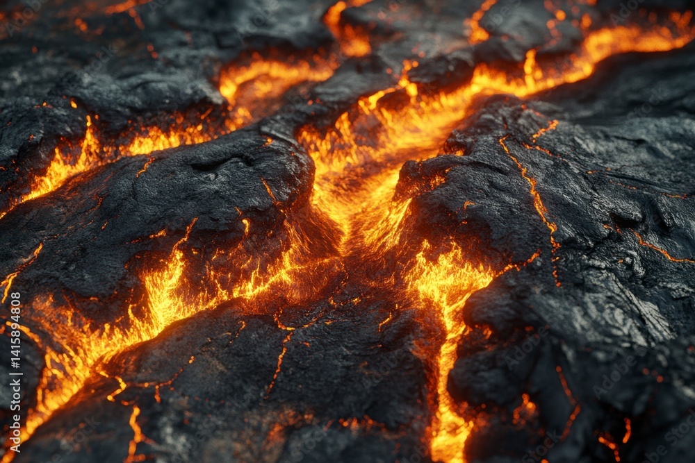 Molten Lava Flow: Dark Volcanic Rock Surface with Fiery Orange Streams Molten Lava Flow: Dark Volcanic Rock Surface with Fiery Orange Streams