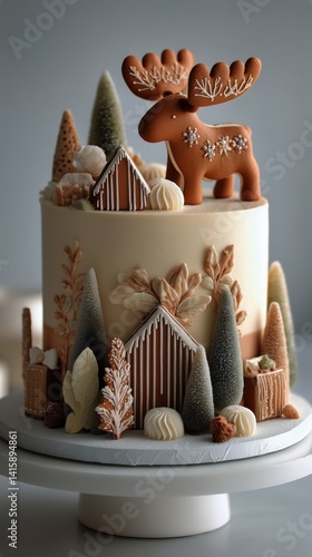Festive Cake With Winter Decorations and Moose Figurine in a Cozy Kitchen Set...