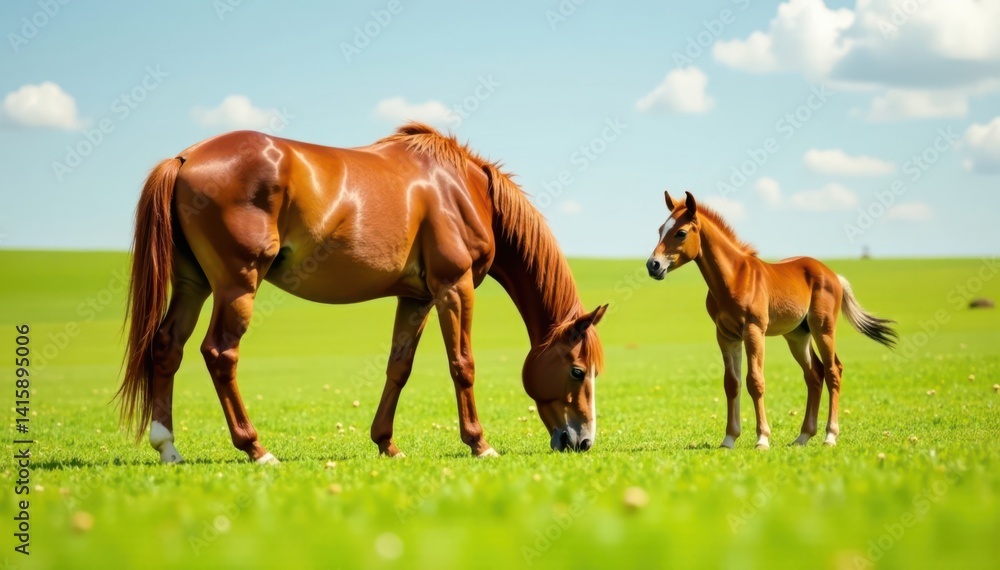 Fototapeta premium Mare and Foal grazing in meadow, animal, horse