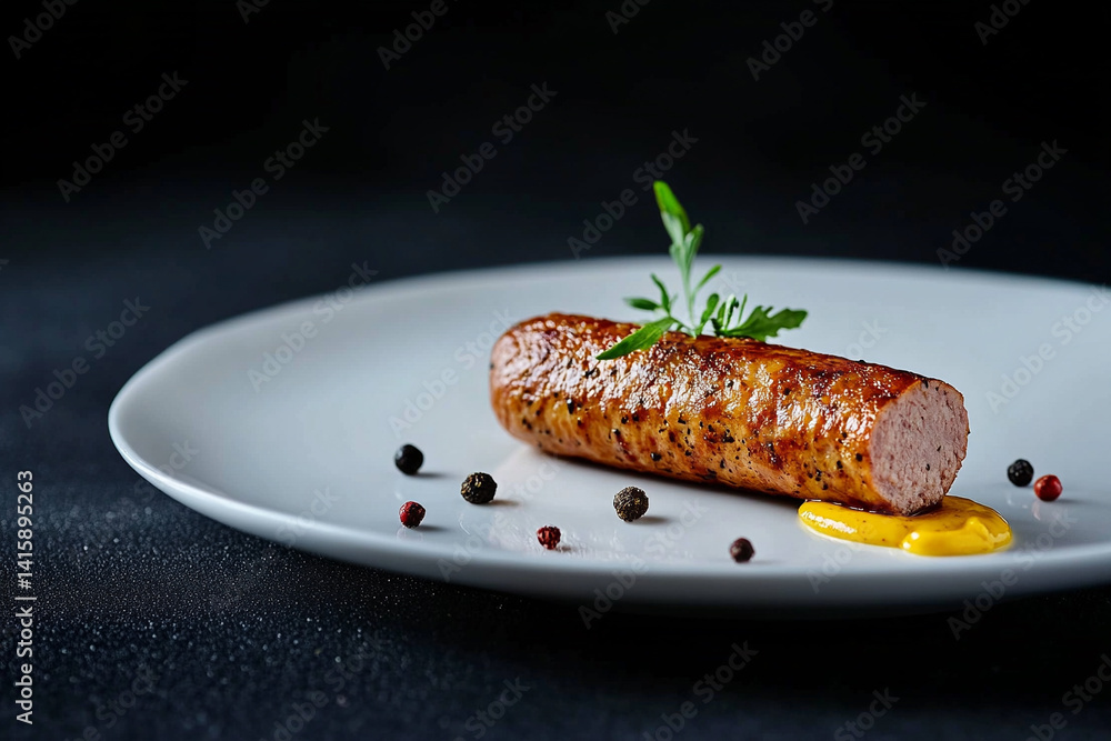 Gourmet sausage and mustard on plate studio shot food photography with natural soft light culinary Gourmet sausage and mustard on plate studio shot food photography with natural soft light culinary