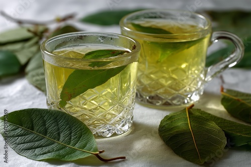 Herbal Tea Preparation With Fresh Leaves in Clear Glasses on a White Tablecloth