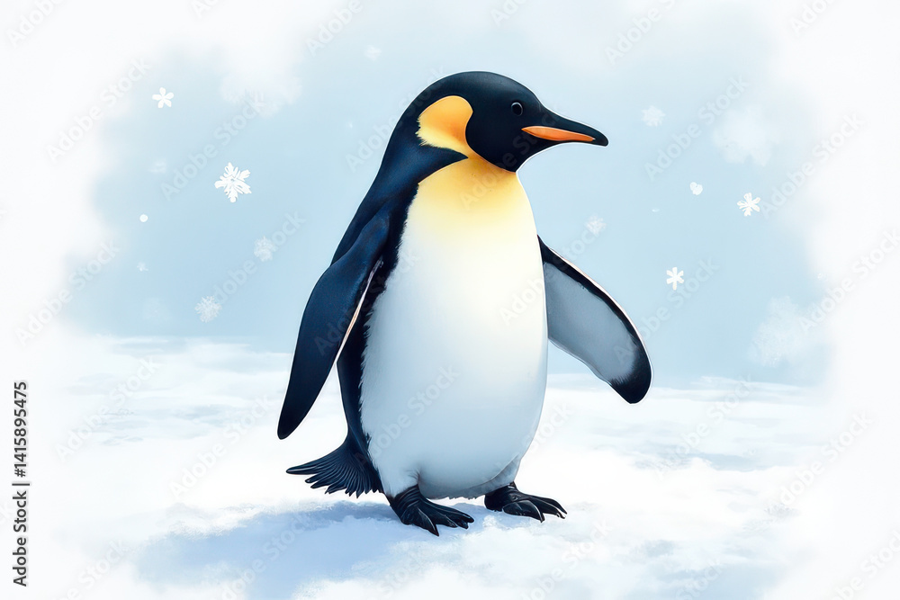 Obraz premium Dreamy Penguin Scene: Watercolor Pastel Colors, Abstract Snowflakes, Soft Textures, High-Detail Midjourney Illustration