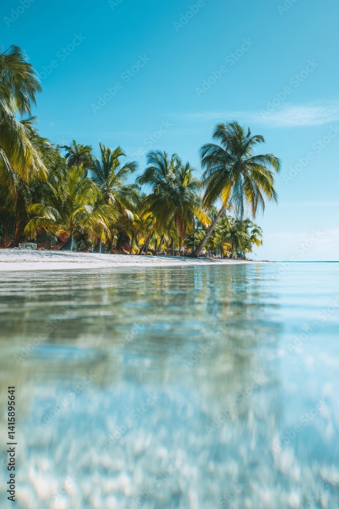 Obraz premium Idyllic beach paradise under bright midday sun with crystal clear waters and palm trees swaying in the breeze Generative AI