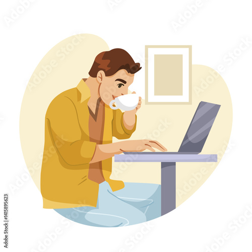 Man working on a laptop while sipping coffee, flat style, indoor cafe background, concept of freelancer lifestyle and remote work. Vector illustration