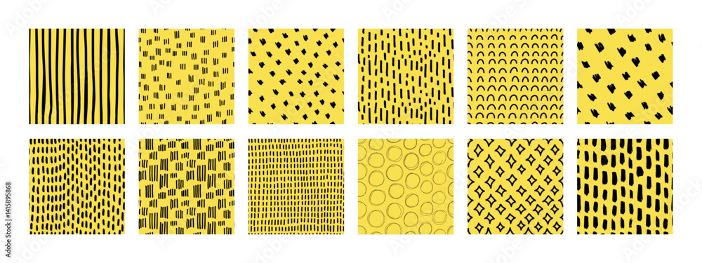 Small dash seamless pattern collection. Set of hand-drawn doodle textures on a yellow background. Cute minimalist textures with stars, lines, circles. Perfect for kids design, fabric, digital paper