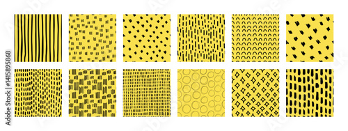 Obraz na płótnie Small dash seamless pattern collection. Set of hand-drawn doodle textures on a yellow background. Cute minimalist textures with stars, lines, circles. Perfect for kids design, fabric, digital paper w salonie