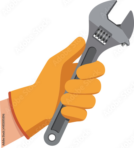 Hand wearing orange glove holding adjustable wrench tool in flat design style vector illustration